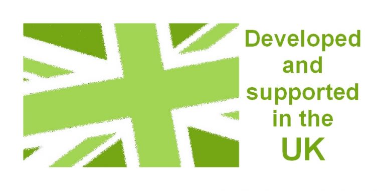 Union Jack flag in easyLog green and text stating our software is developed and supported in the UK