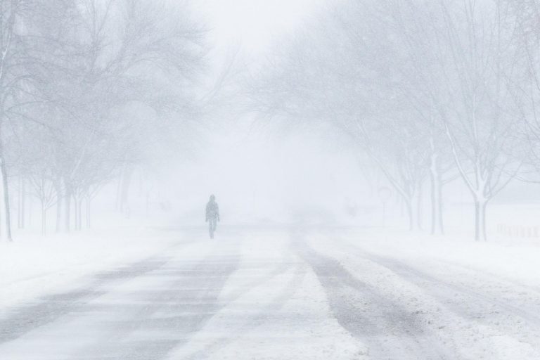 person walking on snowy covered road"